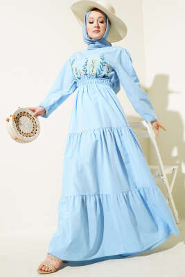 Pazarium - Nakışlı Bel Lastikli Kat Kat Elbise Mavi