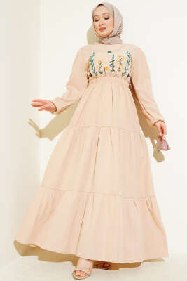 Pazarium - Nakışlı Bel Lastikli Kat Kat Elbise Bej