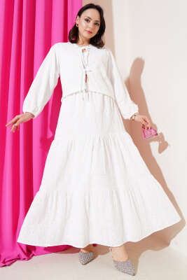 Pazarium - Güpürlü Etekli İkili Takım Ekru