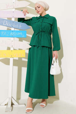 Pazarium - Cep Kapaklı Bel Tünelli Etekli Bürümcük Takım Zümrüt