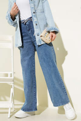 Pazarium - Geniş Paçalı Kuşaklı Kot Pantolon Kot