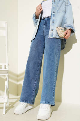 Geniş Paçalı Kuşaklı Kot Pantolon Kot - Thumbnail