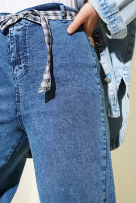 Geniş Paçalı Kuşaklı Kot Pantolon Kot - Thumbnail