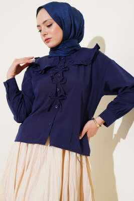 Pazarium - Bebe Yaka Kurdele Detaylı Gömlek Lacivert