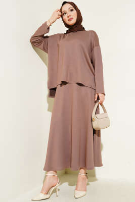 Pazarium - Loyşa Basic Tunik Etek İkili Takım Kahve