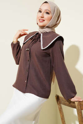 Pazarium - Güpürlü Denizci Yaka Kısa Gömlek Kahve