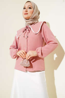 Pazarium - Güpürlü Denizci Yaka Kısa Gömlek Pudra