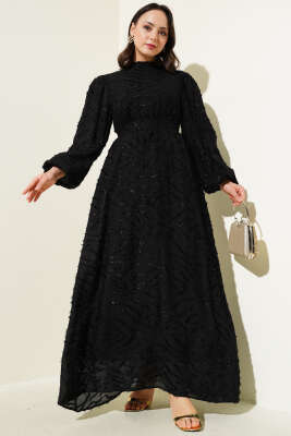 Pazarium - Sim Sakallı Balon Kol Kuşaklı Elbise Siyah