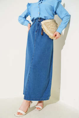 Pazarium - Bel Düğmeli Cepli Kot Etek Kot Mavisi