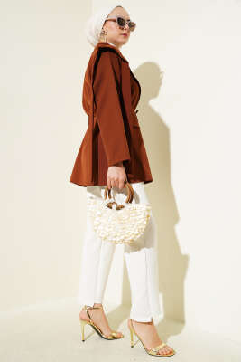 Omuz Pelerinli İp Kuşaklı Ceket Kahve - Thumbnail