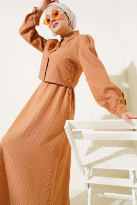 Pazarium - Bel Tünelli Kabartma Çizgili Jile İkili Takım Latte