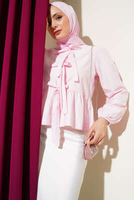 Pazarium - Önü Bağlamalı Fırfırlı Kısa Gömlek Pembe