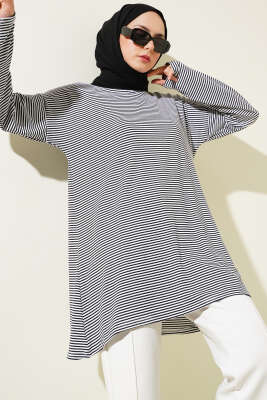 Pazarium - Çizgili Penye Tunik Siyah