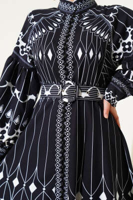 Desenli Balon Kol Boydan Mini Düğmeli Elbise Siyah - Thumbnail