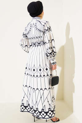 Desenli Balon Kol Boydan Mini Düğmeli Elbise Beyaz - Thumbnail