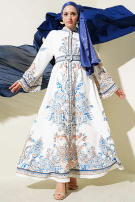 Pazarium - Etnik Desen Düğmeli Kemerli Elbise Beyaz