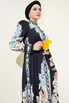 Otantik Desen Boydan Düğmeli Elbise Siyah - Thumbnail