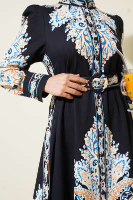 Otantik Desen Boydan Düğmeli Elbise Siyah - Thumbnail