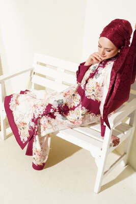 Otantik Desen Boydan Düğmeli Elbise Bordo - Thumbnail