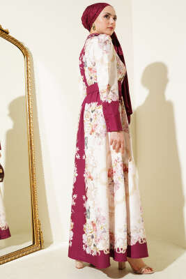 Otantik Desen Boydan Düğmeli Elbise Bordo - Thumbnail