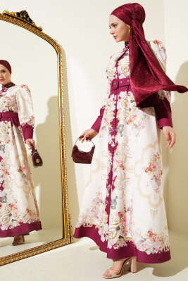 Otantik Desen Boydan Düğmeli Elbise Bordo - Thumbnail