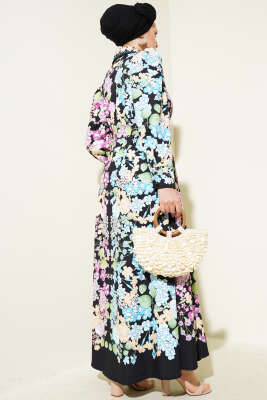 Çiçekli Boydan Düğmeli Kemerli Siyah - Thumbnail