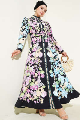 Pazarium - Çiçekli Boydan Düğmeli Kemerli Siyah