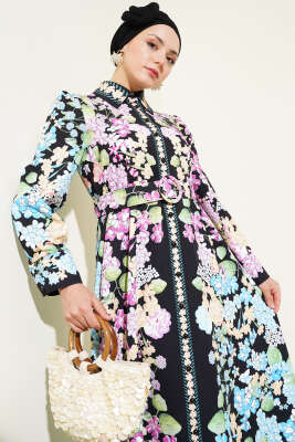 Çiçekli Boydan Düğmeli Kemerli Siyah - Thumbnail