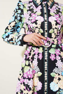 Çiçekli Boydan Düğmeli Kemerli Siyah - Thumbnail