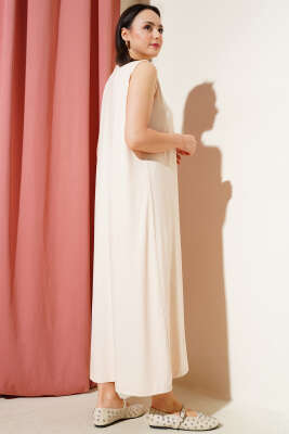 Kolsuz Basic Uzun Elbise Bej - Thumbnail