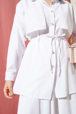 Taşlı Pelerinli Etekli İkili Takım Beyaz - Thumbnail