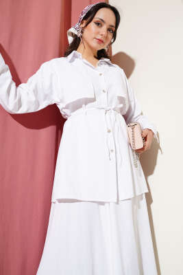 Taşlı Pelerinli Etekli İkili Takım Beyaz - Thumbnail