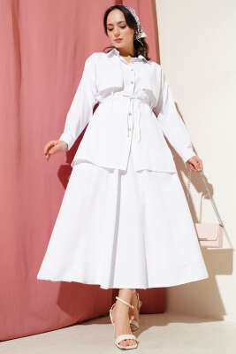 Taşlı Pelerinli Etekli İkili Takım Beyaz - Thumbnail