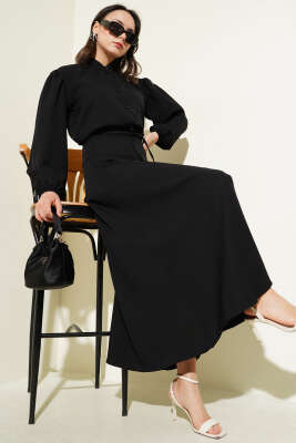 Pazarium - İp Kuşaklı Düğmeli Etekli İkili Takım Siyah