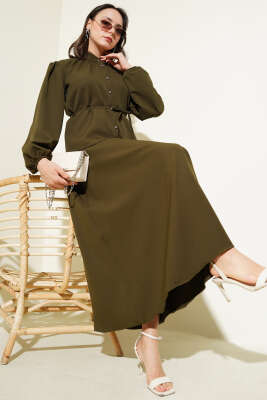 Pazarium - İp Kuşaklı Düğmeli Etekli İkili Takım Haki