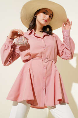 Pazarium - Kalp Tokalı Kuşaklı Gömlek Pudra