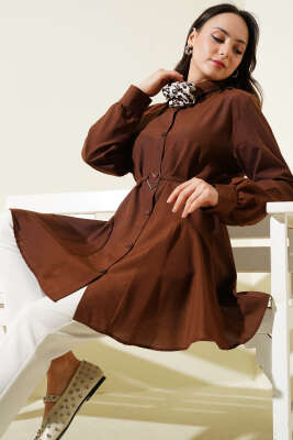 Pazarium - Kalp Tokalı Kuşaklı Gömlek Kahve