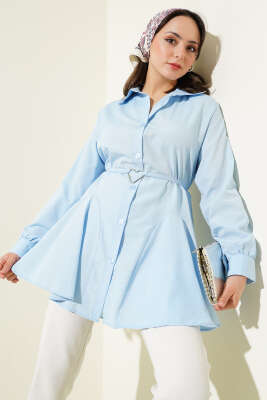 Pazarium - Kalp Tokalı Kuşaklı Gömlek Bebe Mavi