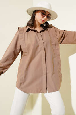 Pazarium - Omuz Pileli Kemerli Gömlek Kahve