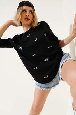 Göz Baskılı T-shirt Siyah - Thumbnail