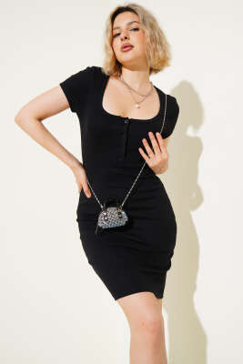 Pazarium - Geniş Yaka Düğmeli Elbise Siyah