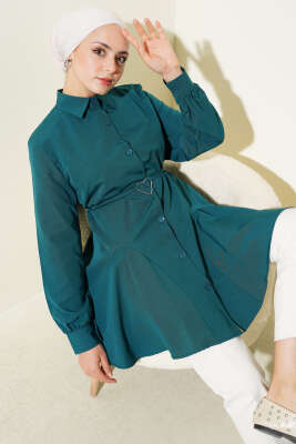 Pazarium - Kalp Tokalı Kuşaklı Gömlek Petrol