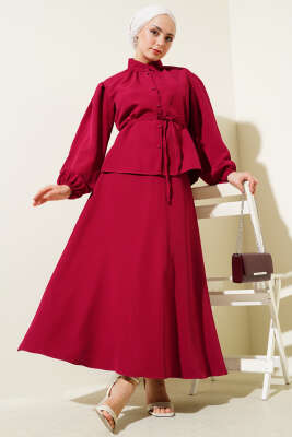 Pazarium - İp Kuşaklı Düğmeli Etekli İkili Takım Bordo