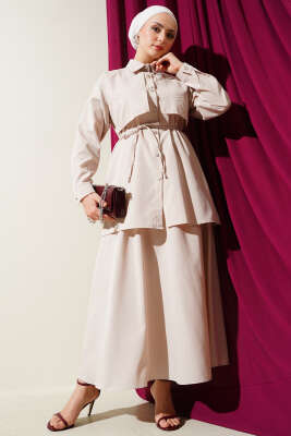 Pazarium - Taşlı Pelerinli Etekli İkili Takım Bej