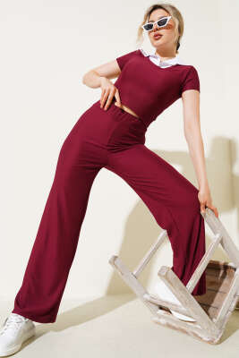 Pazarium - Fitilli Gömlek Garnili İkili Takım Bordo