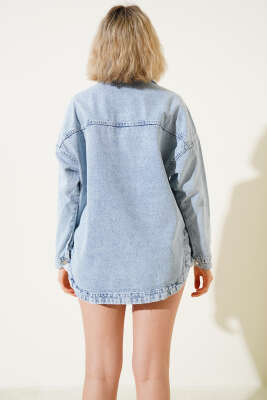 Kurdele Nakışlı Kot Ceket Mavi - Thumbnail