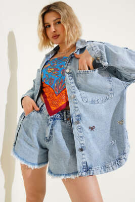 Kurdele Nakışlı Kot Ceket Mavi - Thumbnail