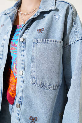 Kurdele Nakışlı Kot Ceket Mavi - Thumbnail