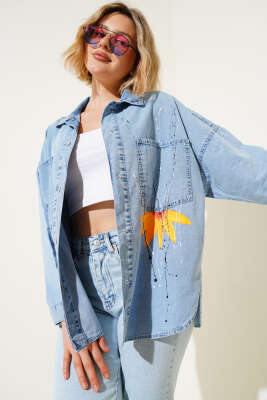 Pazarium - Ayçiçeği Desen Kot Gömlek Mavi