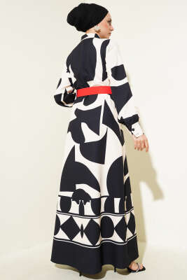 Desenli Kemer Detaylı Elbise Siyah - Thumbnail